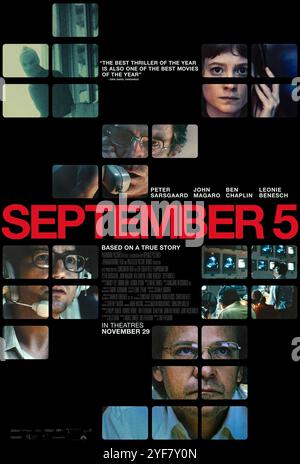 5. September 2024 unter der Regie von Tim Fehlbaum mit Peter Sarsgaard, John Magaro und Ben Chaplin. Ein historisches Drama über die Berichterstattung der ABC Sports Crew über die Olympische Geiselkrise 1972 in München. US-Poster NUR FÜR REDAKTIONELLE ZWECKE. Quelle: BFA / Paramount Pictures Stockfoto