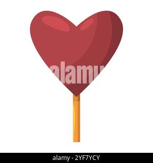 Eine detaillierte Illustration eines Lutschs in Herzform mit einem leuchtend roten Bonbon-Oberteil mit helleren roten Highlights für ein glänzendes Aussehen. Der Verlauf Stock Vektor