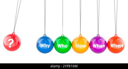 Newtons Wiege, Pendel mit Fragen, 3D-Rendering isoliert auf weißem Hintergrund Stockfoto