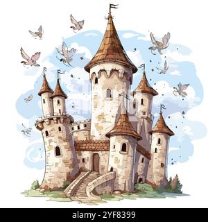 Feen fliegen um den Burgturm Stock Vector Stock Vektor