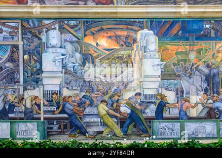 Wandmalereien von Detroit Auto Industry, Fresken des mexikanischen Freskomalers Diego Rivera, der bei der Ford Motor Company, Detroit Institute of Arts, USA arbeitet Stockfoto