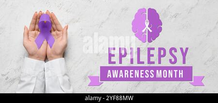 Banner für den Epilepsie-Awareness-Monat mit Händen, die lila Band halten Stockfoto