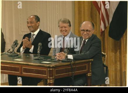 US-Präsident Jimmy Carter, Menahem Begin und Anwar Sadat - das Camp David Accords Stockfoto