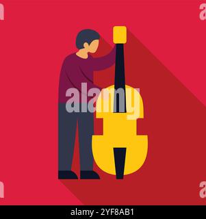 Musiker stehend und hält einen Kontrabass in flachem Design mit langem Schatten Stock Vektor