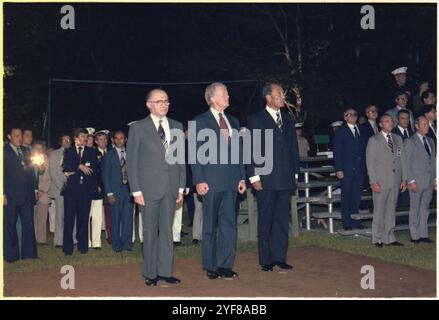 US-Präsident Jimmy Carter, Menahem Begin und Anwar Sadat - das Camp David Accords Stockfoto