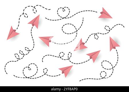 Vector Realistic Pink Paper Planes Collection. Symbolgruppe „Papierebene“. Herzförmiges fliegendes Papierflugzeug mit gepunktetem Luftweg. Grünbuch Ebenen mit Stock Vektor