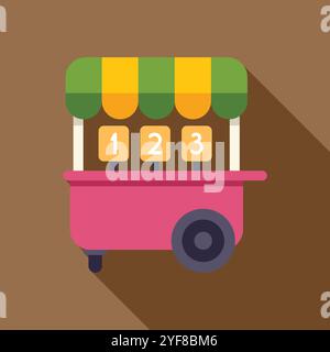Farbenfroher Street Food Cart mit Markise mit drei Menüoptionen, dargestellt durch Zahlen, ideal für Imbissstände, mobile Händler und kulinarische Köstlichkeiten Stock Vektor