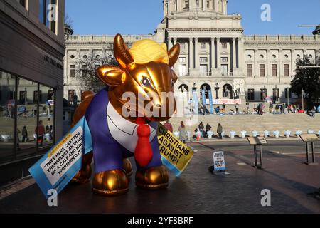 Harrisburg, Usa. November 2024. Ein aufblasbares goldenes Kalb, das als Donald Trump gekleidet ist, wird am Sonntag, den 3. November 2024 in der Nähe des Kapitols von Pennsylvania in Harrisburg ausgestellt. (Foto: Paul Weaver/SIPA USA) Credit: SIPA USA/Alamy Live News Stockfoto