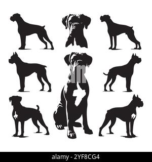 Silhouettenset Boxerhund auf weißem Hintergrund Stock Vektor