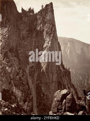 Sentinel Rock, Yosemite, fotografiert von Carleton Watkins im Jahr 1872. Er war ein Pionier der großformatigen Landschaftsfotografie mit einer riesigen Kamera, die 18x22 Zoll Glasnegative verwendete. Sein Lieblingslokal war Yosemite Vallley in Califonia und seine Fotos vom Tal waren ein wichtiger Faktor bei der Entscheidung der US-Regierung, es als Nationalpark zu erhalten. Stockfoto