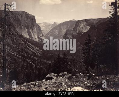 Der Eingang zum Yosemite Valley; Yosemite fotografiert von Carleton Watkins im Jahr 1865 Er war ein Pionier der großformatigen Landschaftsfotografie mit einer riesigen Kamera, die 18x22 Zoll Glasnegative verwendete. Sein Lieblingslokal war Yosemite Vallley in Califonia und seine Fotos vom Tal waren ein wichtiger Faktor bei der Entscheidung der US-Regierung, es als Nationalpark zu erhalten. Stockfoto