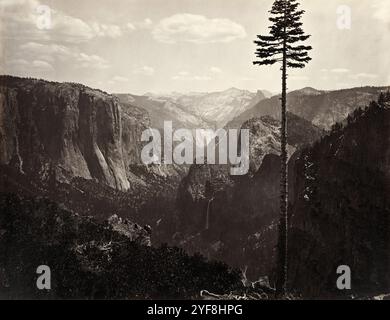 Yosemite Valley, Yosemite, fotografiert von Carleton Watkins im Jahr 1865. Er war ein Pionier der großformatigen Landschaftsfotografie mit einer riesigen Kamera, die 18x22 Zoll Glasnegative verwendete. Sein Lieblingslokal war Yosemite Vallley in Califonia und seine Fotos vom Tal waren ein wichtiger Faktor bei der Entscheidung der US-Regierung, es als Nationalpark zu erhalten. Stockfoto