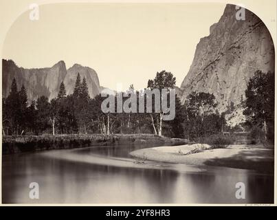 Blick vom Camp Grove Yosemite, fotografiert von Carleton Watkins im Jahr 1861. Er war ein Pionier der großformatigen Landschaftsfotografie mit einer riesigen Kamera, die 18x22 Zoll Glasnegative verwendete. Sein Lieblingslokal war Yosemite Vallley in Califonia und seine Fotos vom Tal waren ein wichtiger Faktor bei der Entscheidung der US-Regierung, es als Nationalpark zu erhalten. Stockfoto