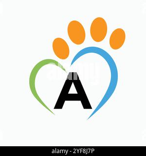 Letter A PET Logo Design Konzept mit Pfoten und Herz Symbol Vektor Stock Vektor