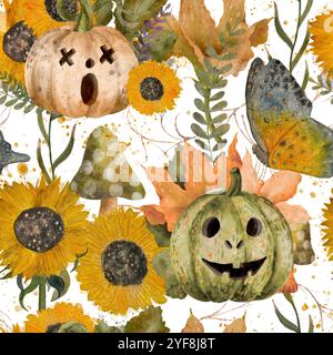 Ein entzückendes Halloween-Muster mit bunten Kürbissen, fröhlichen Sonnenblumen und lebendigen Schmetterlingen. Nahtloses Aquarellmuster für den Druck auf Stoff und Papier. Stockfoto