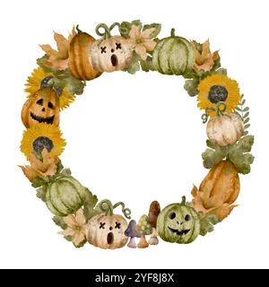 Bezaubernder Herbstkranz mit Kürbissen, Sonnenblumen und Herbstlaub, perfekt für die saisonale Einrichtung. Isolierte Komposition auf weißem Hintergrund für verschiedene Designs und Bedruckungen. Digitale Kunst im Aquarellstil. Stockfoto