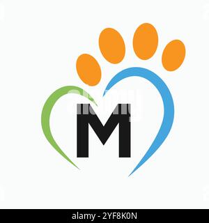 Letter M PET Logo Design Konzept mit Pfoten und Herz Symbol Vektor Stock Vektor