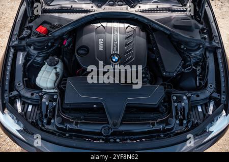 BMW 3er 320 F30 Twin Power Turbo, schwarz Metallic, Luxus-Innenraum Stockfoto