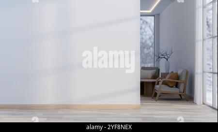 Die Inneneinrichtung eines modernen minimalistischen Wohnflugs oder Korridors, der durch ein Wohnzimmer führt, verfügt über eine weiße leere Wand und Parkettboden Stockfoto