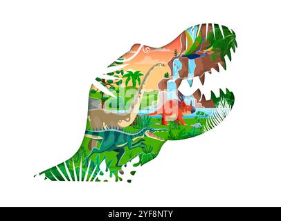 Papiergeschnittene Dinosaurierkopf-Silhouette mit prähistorischer Landschaft des Jurawaldes, Vektorbanner. T-rex tyrannosaurus Kopf Silhouette mit Reptilien oder Eidechsen im prähistorischen Dschungel Wald Stock Vektor