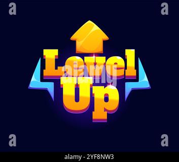 Level-Up-Spielbelohnung, Bewertungssymbol mit einem auffälligen gelben Text und einem leuchtenden Pfeil nach oben. Das Pop-up-Abzeichen für Comic-Vektor strahlt Spannung und Leistung für Spiele, Apps und digitale Belohnungen aus Stock Vektor