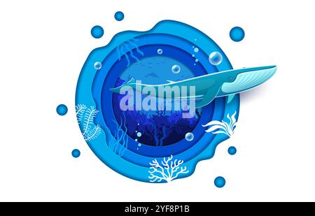 Papier geschnittene Unterwasserlandschaft mit Blauwal. 3D Vektor runder Lagenrahmen mit riesigen Comic Pottwal Tier in der Tiefsee Szene mit Algen, Ozeanvegetation, Fischschwärme und Blasen Stock Vektor