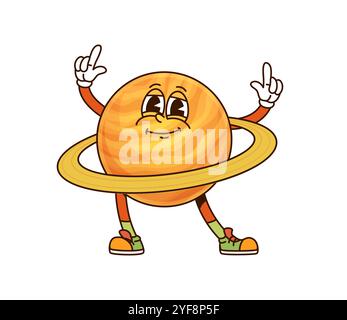 Saturn Solar System groovige Planet Charakter zeigt stolz seine großen Ringe, während er lächelt und posiert. Isoliertes Cartoon-Vektor-Space-Objekt mit Retro-Vibes der 60er und 70er Jahre und trendigen Vintage-Sneakers Stock Vektor