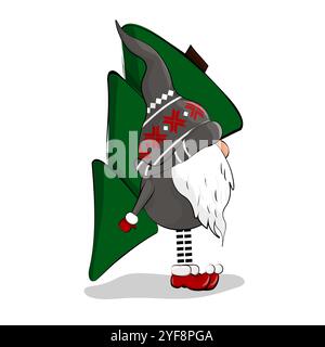 Ein Weihnachtszwerg trägt einen Weihnachtsbaum. Niedlicher festlicher Zwerg. Ein grauer Zwerg in roten Handschuhen und Schuhen. Stock Vektor