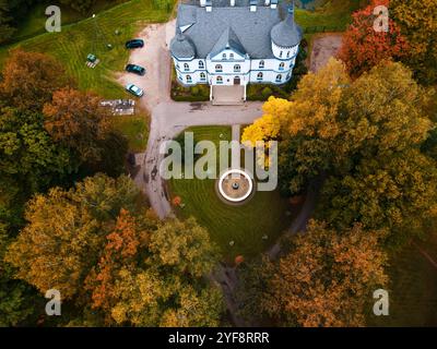 Blick aus der Luft auf das Laubwerk des ländlichen Dorfes Stockfoto