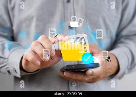 Dokumentenmanagement Systemkonzept, Softwaresystem zur Verwaltung von Dokumenten, Informationen, Organisation. Speichert, sucht, teilt, steuert den Datenzugriff, Stockfoto