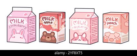 Milchgetränk-Boxen im Kawaii-Stil, isoliert auf weißem Hintergrund. Zeitgenössische Vektor-Karikaturillustration des Frucht-Milchgetränks in Kartonverpackungen mit niedlichen Tierzeichen, süßen japanischen Cocktail Stock Vektor