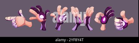 Roboterprothesen an der menschlichen Hand in verschiedenen Positionen. Violette Metallic-Finger mit leuchtenden Elementen, die in verschiedenen Gesten an den Handflächen befestigt sind. SCI fi und Cyber-futuristischer Körperteil mit Behinderungen. Stock Vektor
