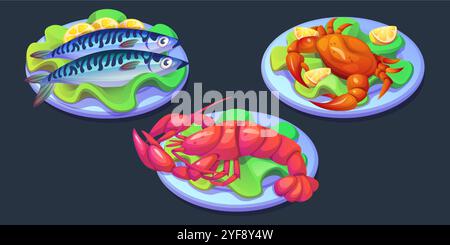 Hummer auf Platte. Meeresfrüchte-Mahlzeit zum Abendessen Vektor-Illustration. Gekochter Fisch mit Zitronen-Zeichentrickgrafik. Mediterrane Küche im Restaurant. Teure chinesische Küche. Köstliche Krebstiere Stock Vektor