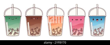 Tee boba Getränk mit Blasenvektor. Niedliche Saftfigur mit Kawaii-Gesicht auf Glas. asiatischer Smoothie mit Bällchen im Sommer. Plastikbecher mit trendigem taiwan Cocktail. Fruchtsirup in rosafarbenem Dessertgetränk Stock Vektor