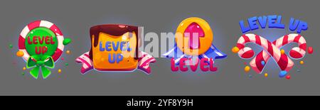 Bunte Level-Up-Banner mit Süßigkeiten-Design-Elementen. Verschiedene süße Dessert-Abzeichen in Zeichentrickfilmen - Lutscher mit grünem Band, mit Schokolade überzogener Kuchen, aufsteigender Pfeil in Gelee und gestreifte Stöcke. Stock Vektor