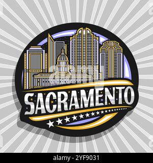 Vektor-Logo für Sacramento, schwarzer dekorativer Tag mit Linie Illustration der sacramento Stadtlandschaft auf nächtlichem Himmel Hintergrund, Kunstdesign Kühlschrank Stock Vektor