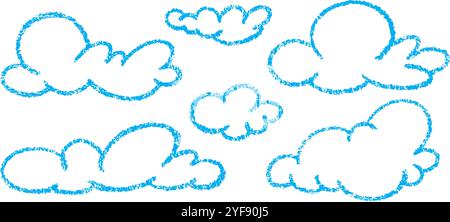 Buntstift Wolken. Handgezeichnete Kreide- und Pastellfigur. Farbstift skizziert Kritzelelemente auf weißem Hintergrund. Kind kritzelt niedlichen Himmel. Vektor Stock Vektor