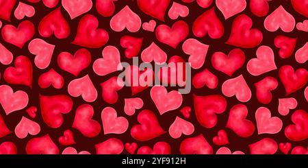 Nahtloses Liebesmuster zum Valentinstag. Rosafarbener Hintergrund mit rotem Herzen. Handgezeichnete isolierte Aquarellillustration. Für Designdekorationen auf Mutters Stockfoto