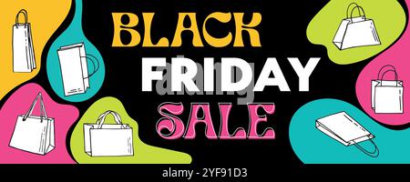 Black friday-Werbebanner. Einkaufstaschen im Retro-Stil, horizantale Werbung. Handgezeichnete Kritzeleien. Hell und farbenfroh. Für Web, Flyer, Werbung Stock Vektor