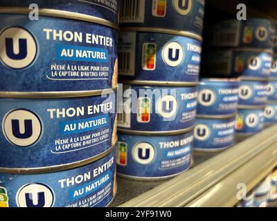 Thunfischdosen werden am 2. November 2024 in Frankreich in einem Supermarktgang gesehen. Nach einem Bericht zweier Verbraucherüberwachungsorganisationen wurden Bedenken hinsichtlich des Quecksilbergehalts in Thunfischkonserven in Frankreich geäußert. Bloom und Foodwatch gaben an, dass sie in unabhängigen Labors Tests an 148 Dosen Thunfisch verschiedener Marken durchgeführt haben, die aus Frankreich, Spanien, Italien, Deutschland und Großbritannien kamen. und alle haben Spuren von Quecksilber, einige davon signifikant. Bei über 50 % der Dosen lag der Quecksilbergehalt über den Schwellenwerten für frischen Fisch wie Sardinen, und bei jedem zehnten lag der Quecksilbergehalt Stockfoto