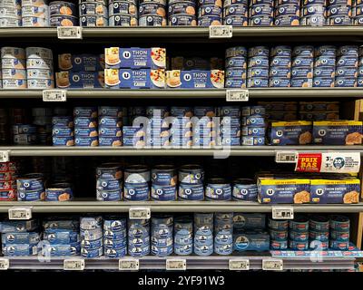 Thunfischdosen werden am 2. November 2024 in Frankreich in einem Supermarktgang gesehen. Nach einem Bericht zweier Verbraucherüberwachungsorganisationen wurden Bedenken hinsichtlich des Quecksilbergehalts in Thunfischkonserven in Frankreich geäußert. Bloom und Foodwatch gaben an, dass sie in unabhängigen Labors Tests an 148 Dosen Thunfisch verschiedener Marken durchgeführt haben, die aus Frankreich, Spanien, Italien, Deutschland und Großbritannien kamen. und alle haben Spuren von Quecksilber, einige davon signifikant. Bei über 50 % der Dosen lag der Quecksilbergehalt über den Schwellenwerten für frischen Fisch wie Sardinen, und bei jedem zehnten lag der Quecksilbergehalt Stockfoto