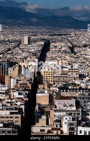 Ansicht der Bevölkerungsdichte der Stadt vom Parthenon-Tempel auf der Akropolis in Athen, der Hauptstadt Griechenlands am 11. Januar 2023. Vue de la densite de Stockfoto