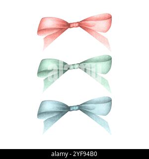 Satinschleifen in roten, blauen und grünen Farben. Hand gezeichnet Aquarell isolierte Illustration dekorative Elemente für Haare, Hochzeit, romantische Designs, Schönheitsindustrie, Grußkarten, festliche Verpackung. Stockfoto