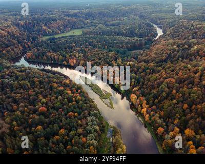 Aus der Vogelperspektive eines sich windenden Flusses, der durch einen lebhaften Herbstwald fließt, mit einer Palette von Herbstfarben, die sich in der Wasseroberfläche widerspiegeln Stockfoto