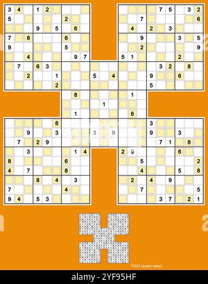 Samurai Sudoku mit gerader Variante. Fünf überlappende Sudoku-Rätsel. Volle Symmetrie. Super einfach, 101 Hinweise. MK II. Vektor. Stock Vektor