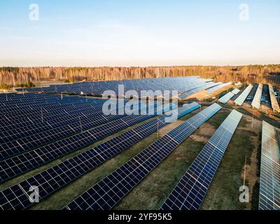 Aus der Vogelperspektive eines großen Solarparks bei Sonnenuntergang mit Reihen von Photovoltaik-Panels inmitten einer natürlichen Landschaft, die erneuerbare Energien zeigt. Stockfoto