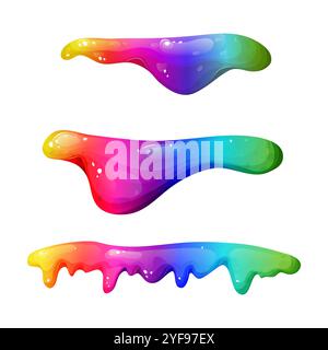 Tropfender Regenbogenschleim mit leuchtenden Farben. Rainbow Splash Kollektion auf transparentem Hintergrund. Ideal, um verspielt und giftig zu sein Stock Vektor