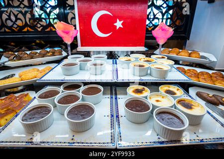 In einem luxuriösen türkischen Hotel werden verschiedene Süßigkeiten präsentiert, die die reichen und köstlichen Aromen traditioneller türkischer Desserts zeigen Stockfoto