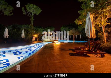 Abendoase mit leeren Liegestühlen und ordentlich zusammengefalteten Sonnenschirmen am wunderschön beleuchteten Swimmingpool in einem erstklassigen Touristenresort Stockfoto