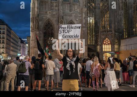 WIEN, ÖSTERREICH - 10. AUGUST 2024: Demonstrant hält während einer Friedensdemonstration vor dem Stephansdom das Freie Palästina-Zeichen. Gotische Architektur Stockfoto